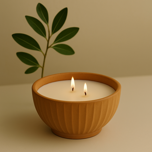 Soy wax candle in reusable terracotta bowl with dual wicks – eco-friendly home décor and gifting.