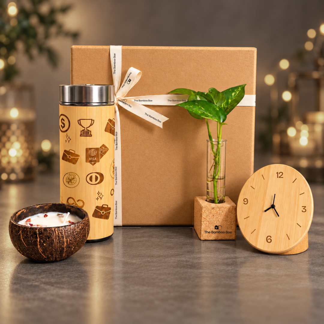 Bamboo Manifestation Bottle, Wooden Clock & Coconut Shell Candle Set - Festive Gifting by The Bamboo Bae
