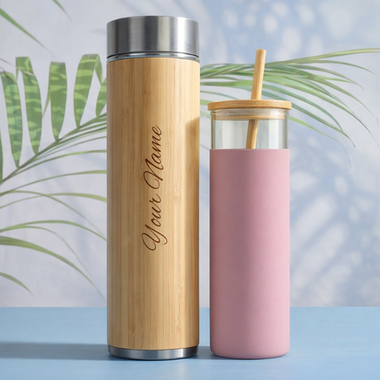 Valentine Hydration Gift Set – Bamboo Bottle & Glass Tumbler Trio