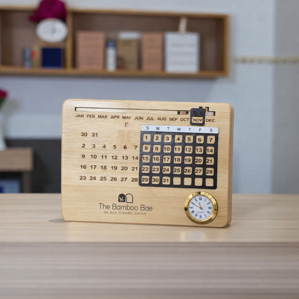 Reusable Bamboo Perpetual Calendar with Clock for Desk – Sustainable ...