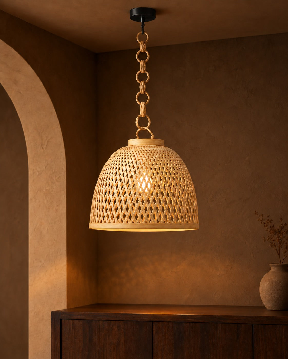 Wide Dome Statement Bamboo Pendant Lamp
