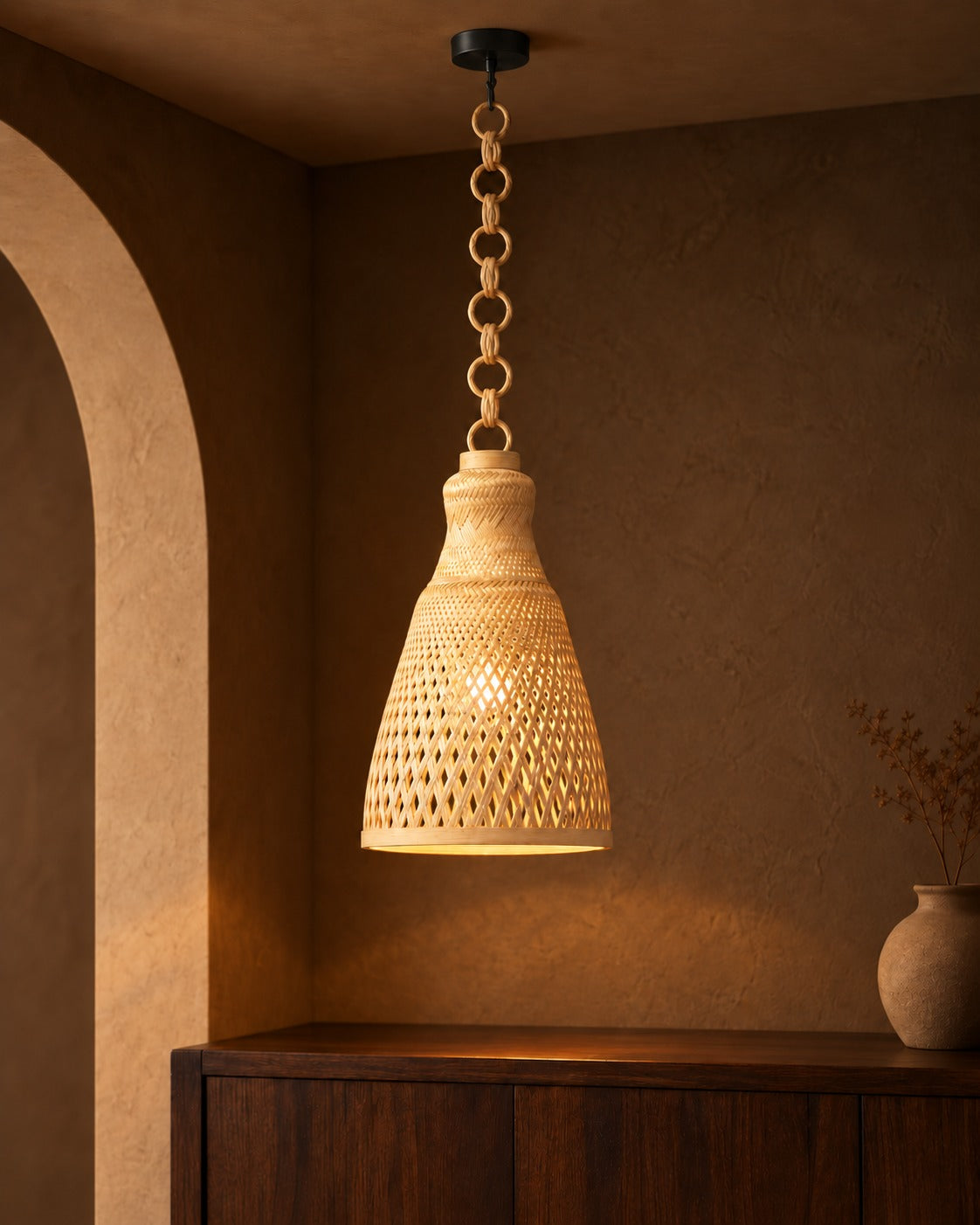 Flared Bell Sculptural Bamboo Pendant Lamp