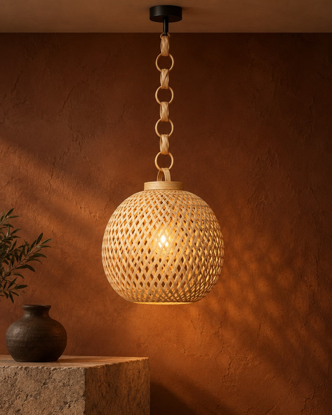 Round Orb Sculptural Bamboo Pendant Lamp