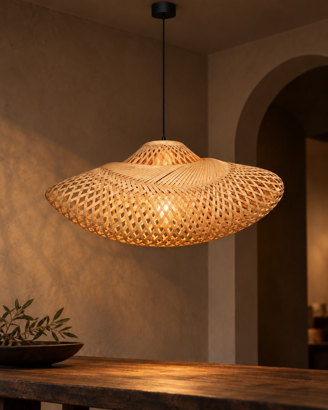 Wave Form Sculptural Bamboo Pendant Lamp