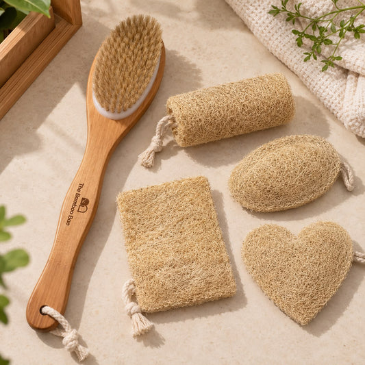 Natural Loofah Bath Combo Pack of 4 + 2-in-1 Body Bath Brush | Full Body Exfoliation Set