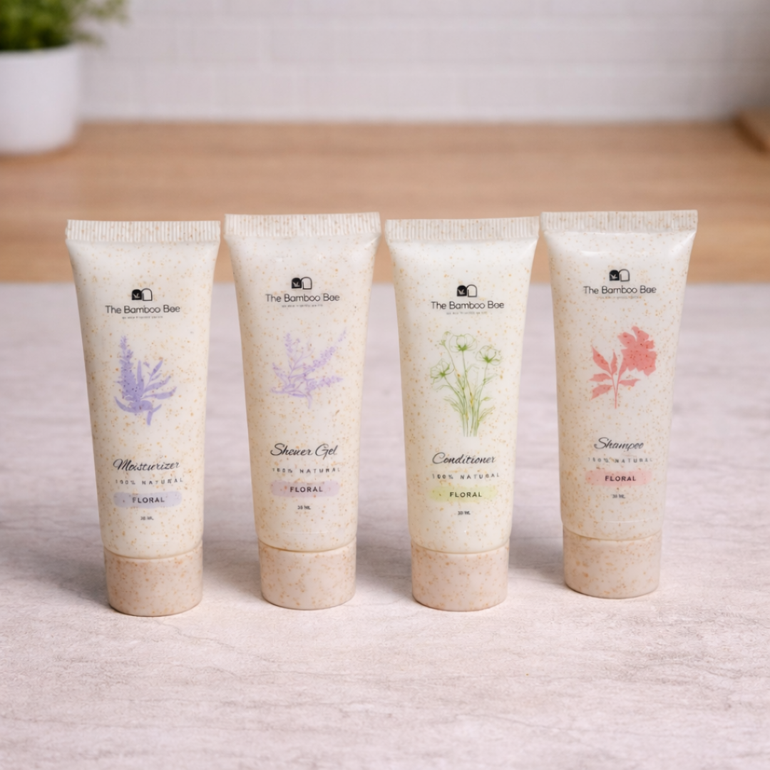 Eco-Friendly Wet Amenities Set – Floral (Shampoo, Shower Gel, Conditioner & Moisturizer | 30 ml Each)