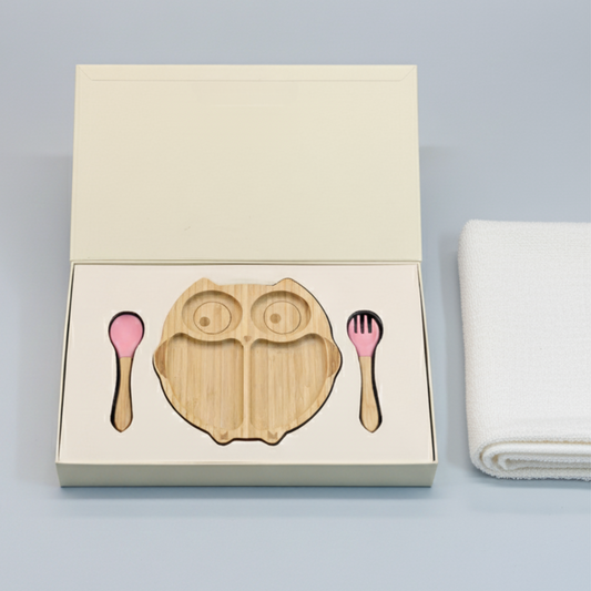 Owl Shape Bamboo Feeding Plate with Fork & Spoon for Kids
