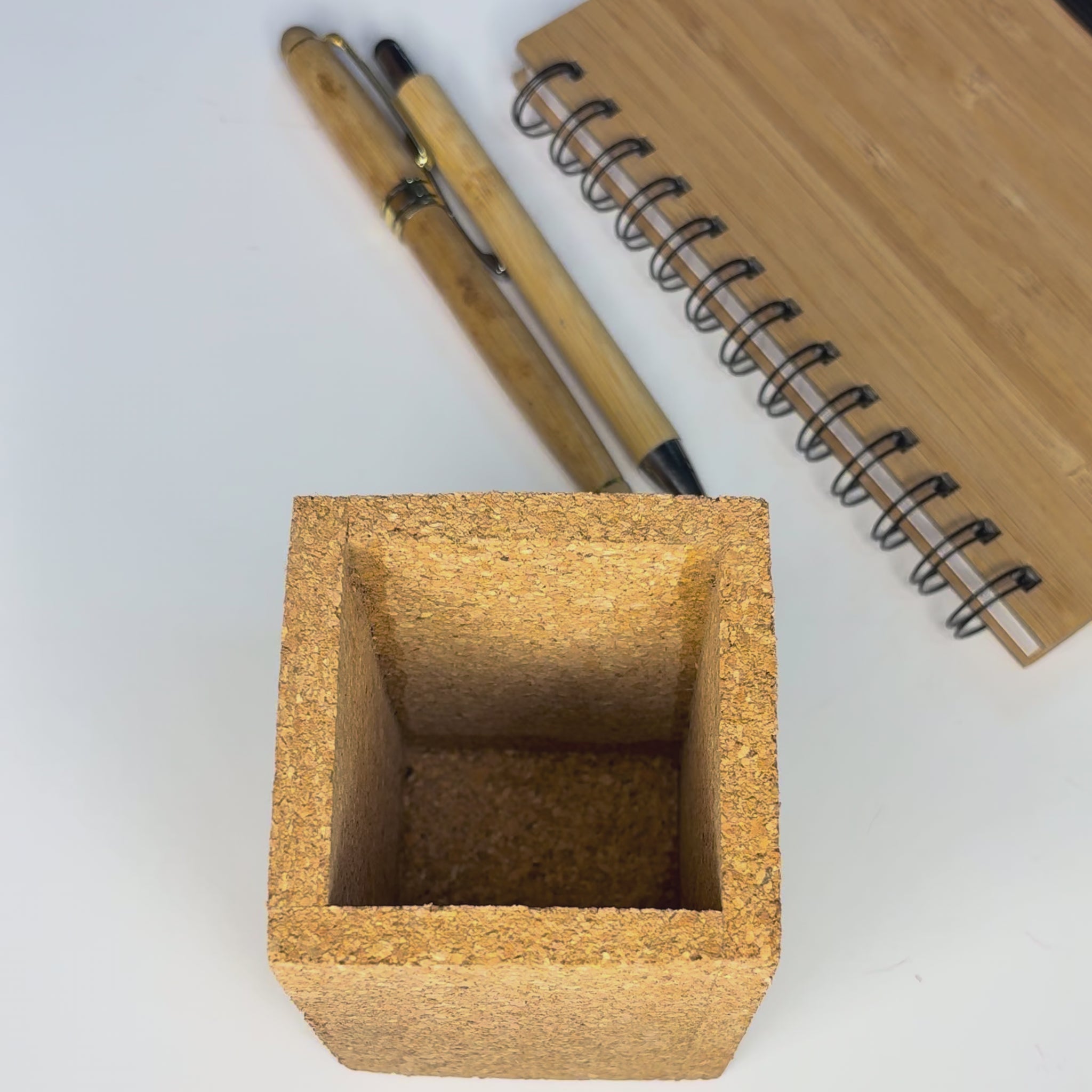 Eco-friendly square cork stand – sustainable cork desk organizer for office, home, or gifting.