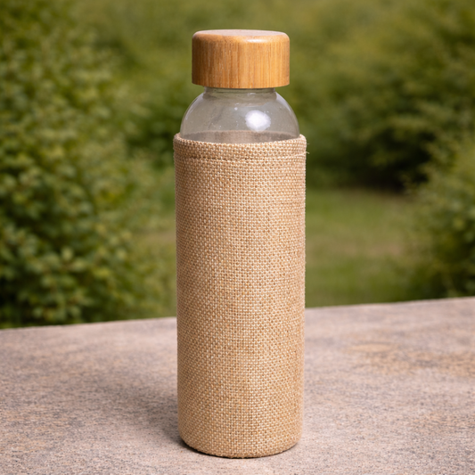 Glass Water Bottle with Jute Sleeve & Bamboo Lid | Reusable Eco-Friendly Drinking Bottle