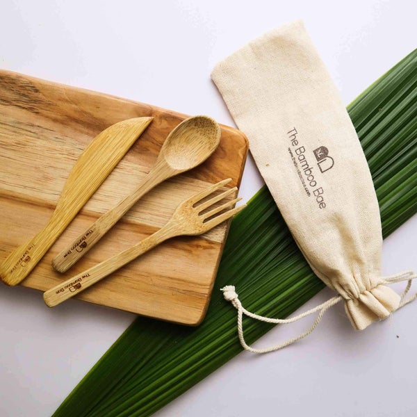Bamboo Cutlery | Handmade & Eco Friendly Reusable Travel Cutlery | Set of Spoon, Fork, Knife, Straws with Cleaner & Cotton Pouch