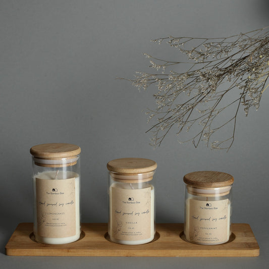 Bamboo Lid Jar Soy Candles | Set of 3 | Peppermint | Vanilla | Lemon Grass