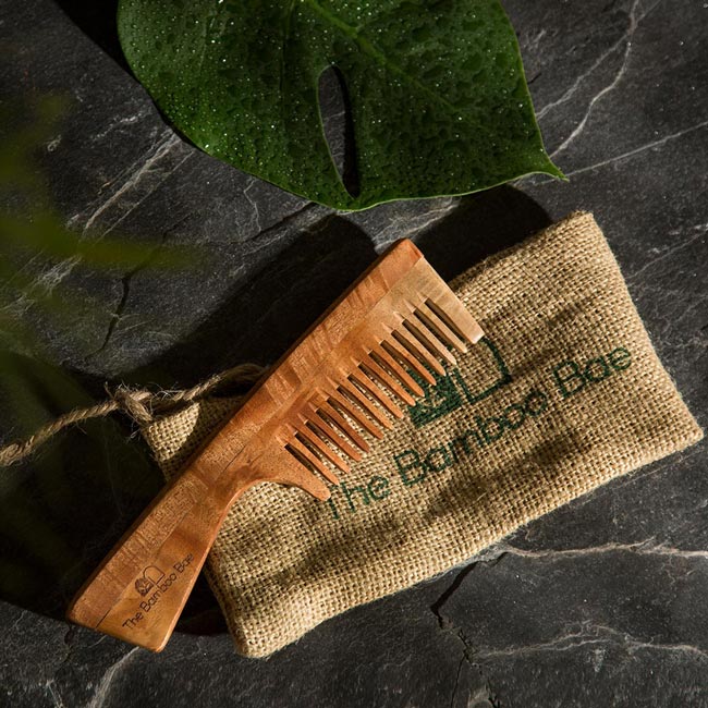 Detangling Neem Wood Comb with Handle | Wide Spaced Teeth | Handmade Neem Comb