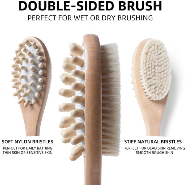 Eco-friendly bamboo bath brush with dual-sided design for exfoliation and body cleansing.