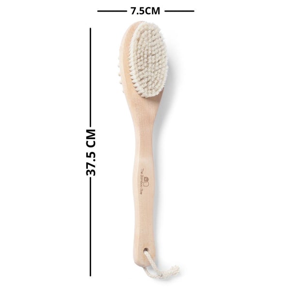Eco-friendly bamboo bath brush with dual-sided design for exfoliation and body cleansing.