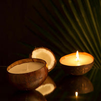 Eco-friendly coconut shell candle with soy wax – sustainable home décor and gifting option.