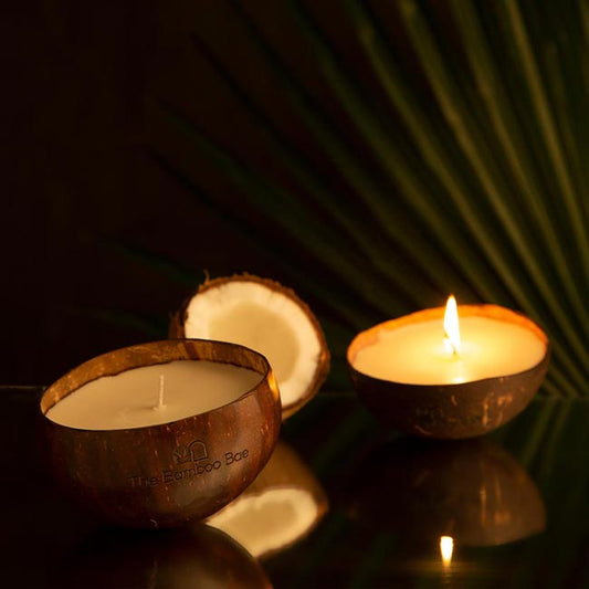 Eco-friendly coconut shell candle with soy wax – sustainable home décor and gifting option.